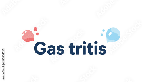Vector illustration of "Gas tritis" typography with red and blue stomach bubble elements, representing digestive problems or stomach acid.