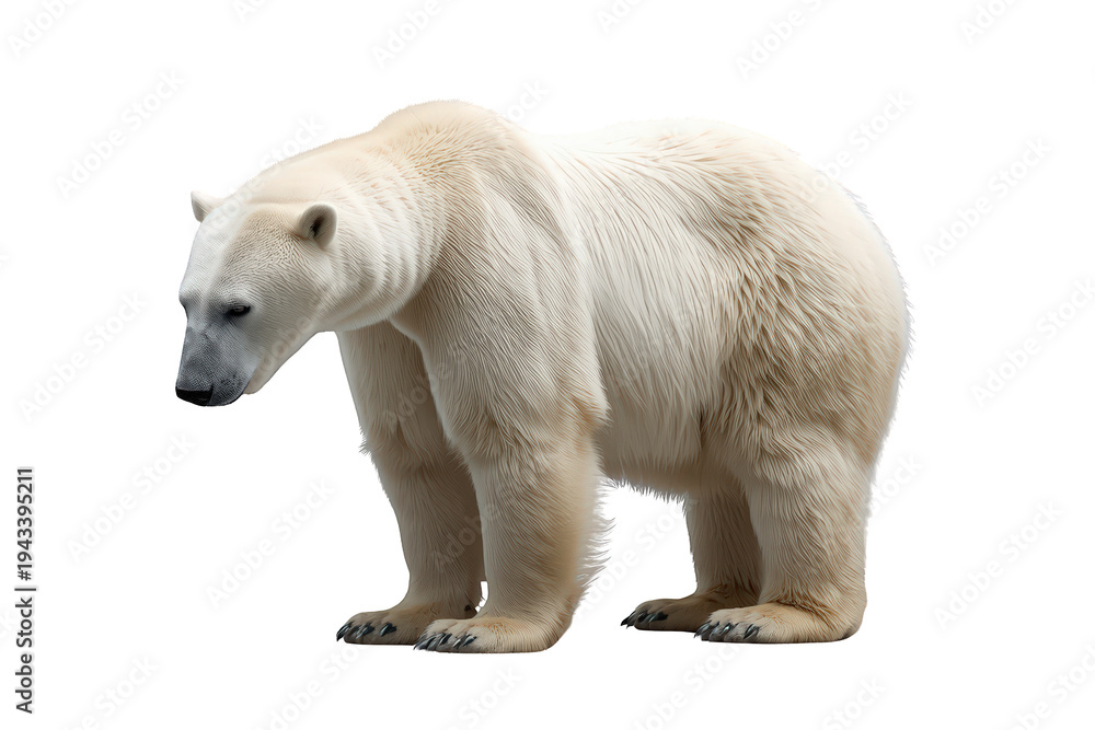 Fototapeta premium Polar bear, a powerful arctic animal, standing against a transparent background. Concept for wildlife, conservation, and ecosystem