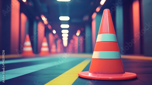 Orange traffic cone in an illuminated industrial hallway, representing advanced AI-driven hazard prevention and safety.