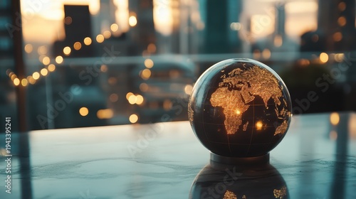 International Trade Law Globe on Table with Blurred City Lights Background.