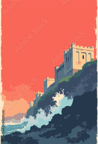 tetrapods Marine Drive, Mumbai concrete coastal defense blocks are stylized as endless, interlocking geometric fortress holding back stylized black waves Red background Space text