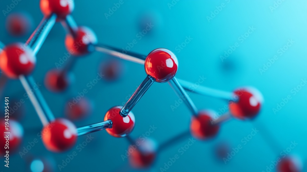 Obraz premium Vibrant red spheres linked by clear bonds form a 3D molecular structure, symbolizing chemistry, innovation and scientific research against a blurred blue background., science,