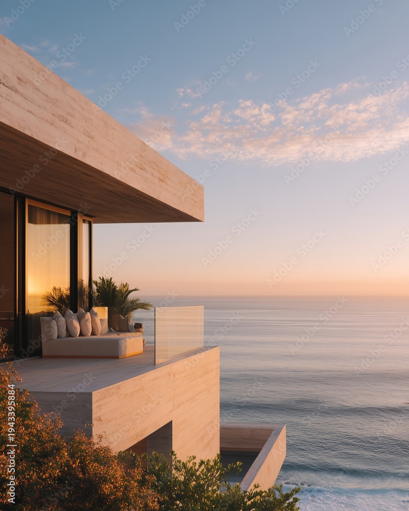 Fototapeta premium Elegant East Asian family relaxing on a modern terrace overlooking the ocean at sunset, with plush seating and lush greenery surrounding the area
