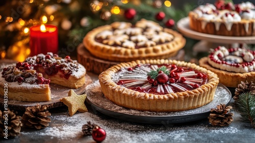 Festive Christmas Pies and Baked Goods with Holiday Ingredients and Decor