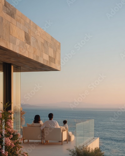 Elegant East Asian family relaxing on a modern terrace overlooking the ocean at sunset, with a contemporary architectural design and floral elements in the foreground