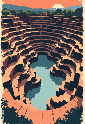 Chand Baori Stepwell, Rajasthan thousands zigzagging stairs are illustrated as dizzying, MC Escherlike infinite geometric pattern High contrast black cream Minimalist graphic Room text