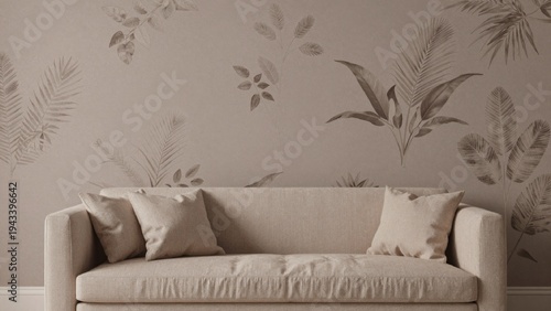 Minimalistic interior design featuring beige sofa against plain light wall upholstered soft linen-like materia