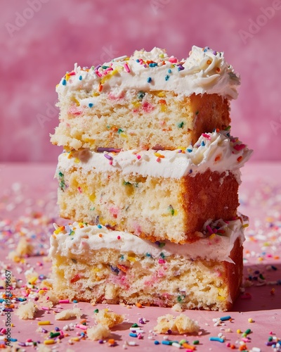 Funfetti cake slices stacked casually with fluffy whipped frosting and colorful sprinkles on a pink background, creating a vibrant dessert display