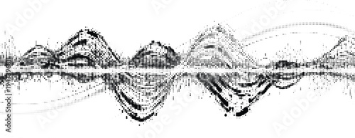 Abstract sound wave visualization using halftone dots, representing audio or music, dynamic and rhythmic pattern in grayscale, on transparent background