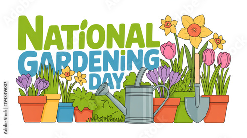 National gardening day illustration with colorful flowers and gardening tools