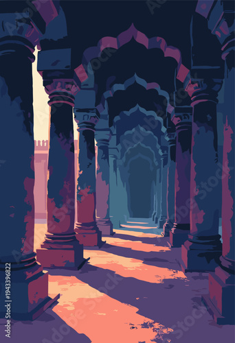 Adalaj Stepwell, Gujarat intricate stone columns are simplified into bold, repetitive vertical black bars Deep, imposing shadows Geometric poster layout Blank space