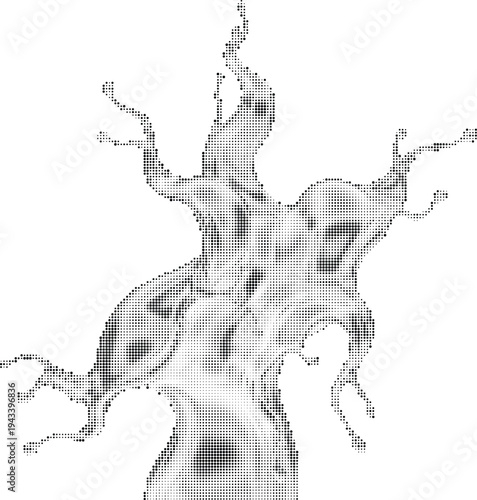Abstract splash and fluid dynamics, resembling a tree or growth, created with halftone dots, organic and branching structure, on transparent background