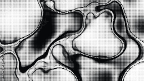 Abstract wavy liquid effect with halftone dots pattern creating organic shapes and dynamic motion, grayscale and monochrome tones
