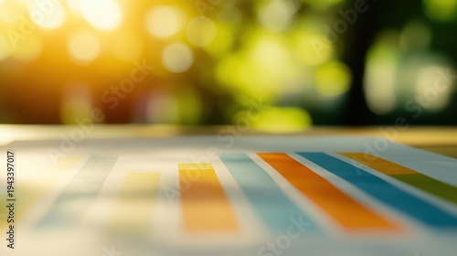 Financial chart with colorful bars in soft light, representing business growth and strategy, with blurred green foliage background and sun flare.