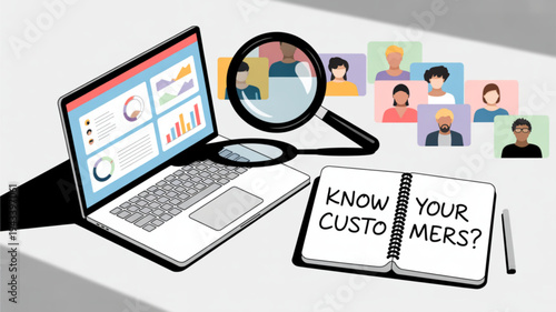 Customer analysis concept with laptop magnifying glass and notebook on desk with people icons