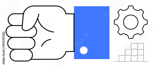 Teamwork concept. Hand fist with gear and puzzle elements collaboration, problem-solving, and teamwork dynamics. Teamwork essential for productivity, innovation, strategy. Useful for business