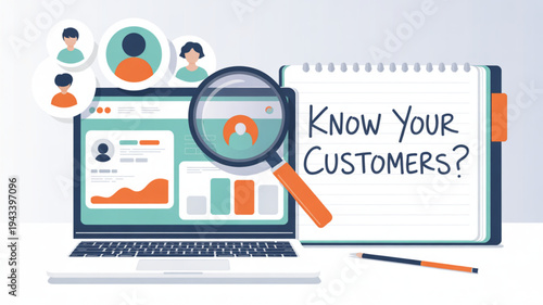 Customer analysis concept with laptop magnifying glass and notebook on a white background illustrating market research and target audience identification