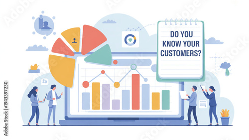 Business people analyzing customer data on a large laptop with graphs and charts questioning customer knowledge