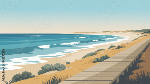 Serene beach scene with wooden boardwalk sandy shoreline and gentle waves under clear blue sky