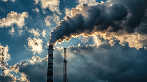 Industrial smokestacks billowing dark plumes of pollution against a dramatic sky with sunlight filtering through clouds.