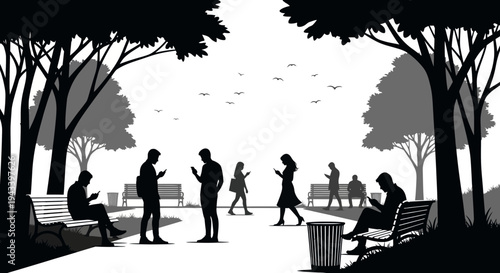 people walking and sitting in a park.