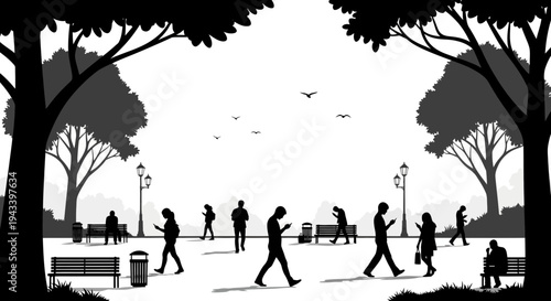 People walking in a city park.