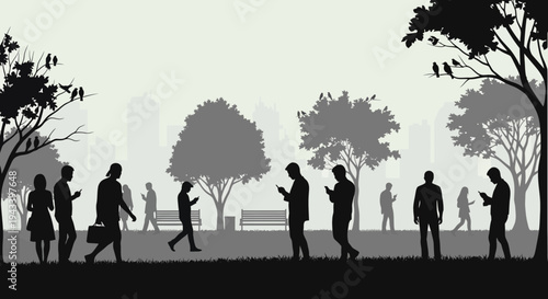 People walking in a park with cityscape background.