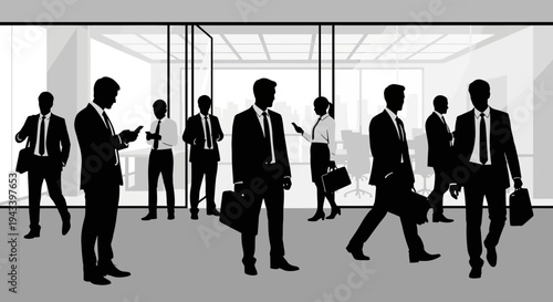 Silhouette of business people walking in office.