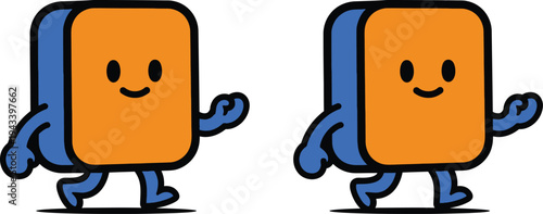 Two cheerful orange and blue cartoon characters waving