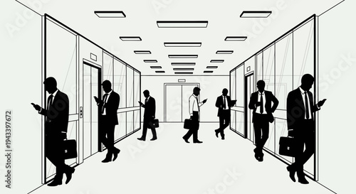 Business professionals in a corporate hallway.