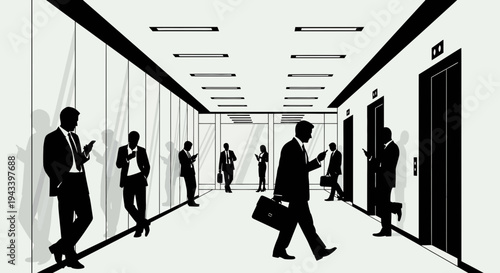 Business professionals in a modern office hallway.