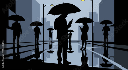 Silhouettes of people with umbrellas on a rainy city street at night.