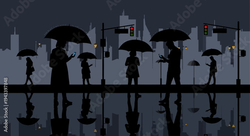 City street scene with people walking under umbrellas on a rainy night.