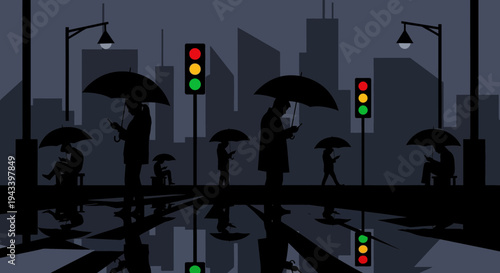 Silhouette of people with umbrellas on rainy city street at night.