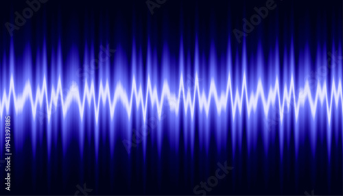 Abstract vector graphic illustration displaying a glowing neon blue sound wave pulsating vertically against a deep dark background suggesting digital audio processing or energy transmission visualizat