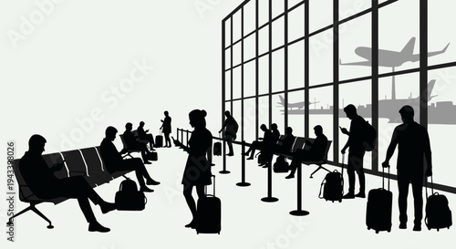 Silhouettes of travelers waiting at airport.