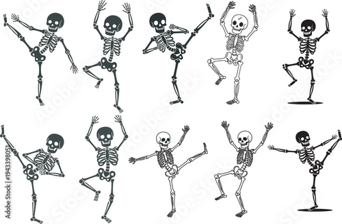 Dancing skeleton poses silhouette vector set, Whimsical collection of animated skeletons performing energetic dances and amusing poses for festive holiday themes