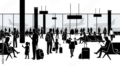 Silhouette of people at an airport terminal.