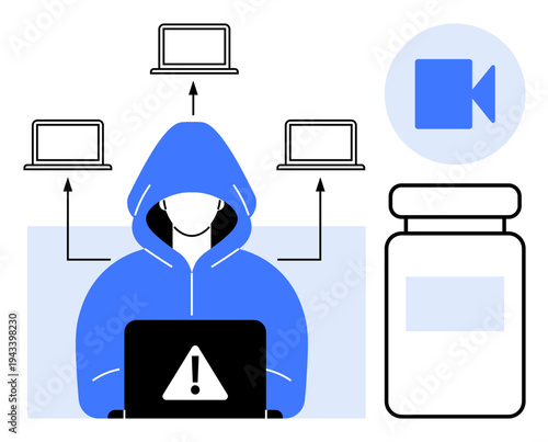 Cybersecurity, data threats, online safety, hacking prevention, technology risks, digital privacy. A hooded figure with a laptop displaying a warning icon. Cybersecurity and data threats concept