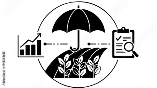 Umbrella icon with crop insurance, data and claims, and clipboard featuring protection, risk, management with agriculture and farming elements for