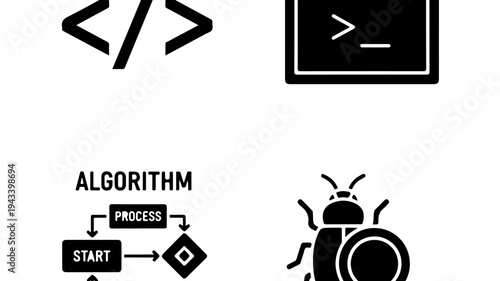 Code bracket symbol with coding window, algorithm flowchart, and bug icon set with black graphics on white background for programming and debugging
