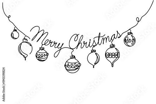 Christmas ornaments hanging from a single line in simple line style on white background, symbolizing holiday celebration