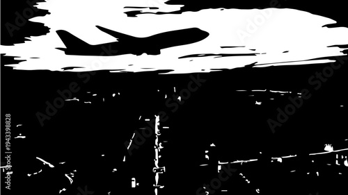 Airplane flying through cloudy sky with white abstract brush strokes, black background featuring flight, aviation, travel with transportation and air