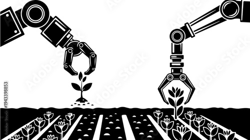 Robots planting seedlings with mechanical arms in a field with rows of soil and plants growing featuring robot, robotic arm, seedling with