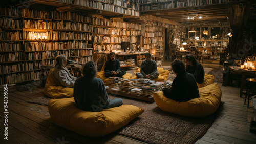 Multicultural book club gathering for silent reading in a cozy library