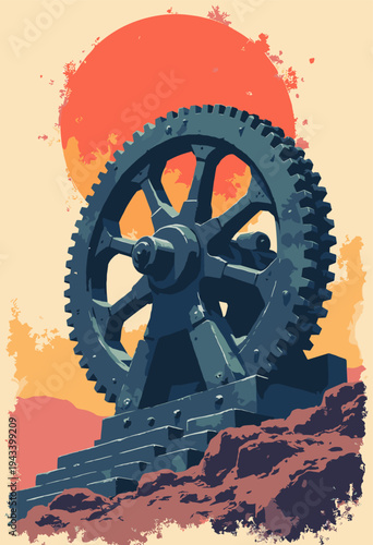 Konark Sun Temple chariot wheel intricate stone carvings are simplified into massive, intimidating industrial gear Heavy black lines, cream background Engineering motif No text