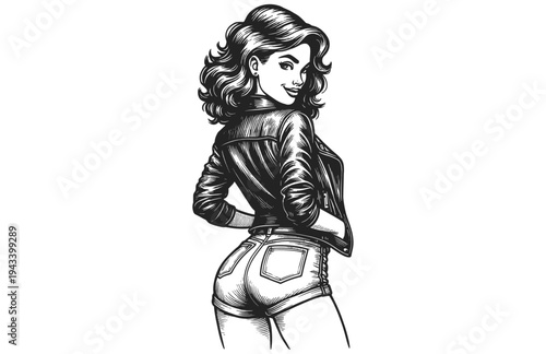 Hand Drawn Engraving Woodcut Illustration of Retro Woman in Leather Jacket Looking Back