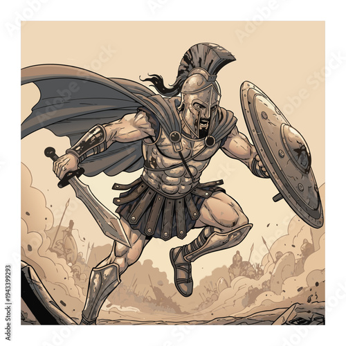 Colorful engraving of Vintage Spartan Warrior