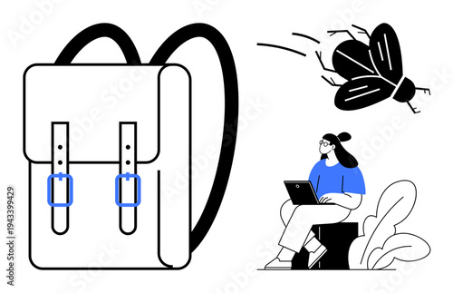 Backpack design. Backpack icon with details, flying insect graphic, and woman with laptop sitting outdoors. Backpack for travel, outdoor lifestyle, education, business tools, adventure concepts