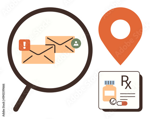 Communication, navigation, healthcare, email alerts, delivery tracking, pharmacy services. Magnifying glass over emails, location pin and prescription symbol. Communication and navigation concepts